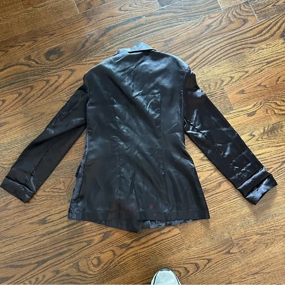 Vintage 90s Addiction Black Jacquard Satin Blazer Size Medium - Picture 11 of 16